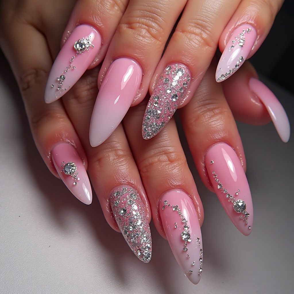 Acrylic Long with Glitter Ombré and Rhinestones