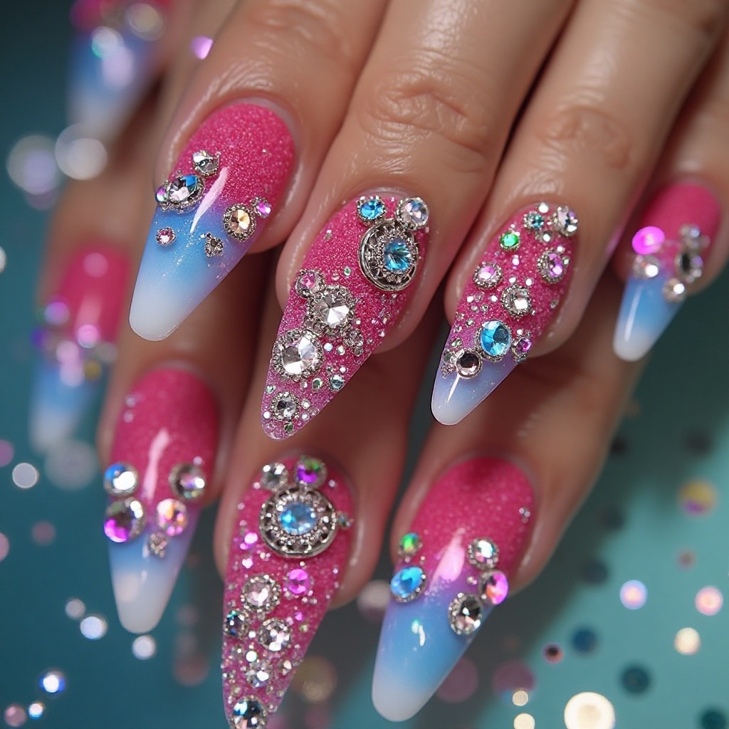 Acrylic Stiletto with Ombré and Crystals