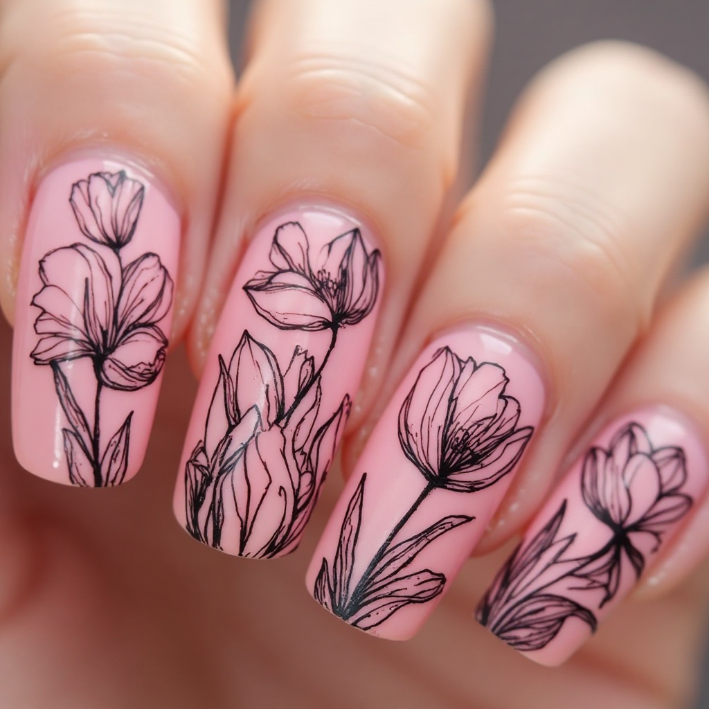 Black Line Art Tulips