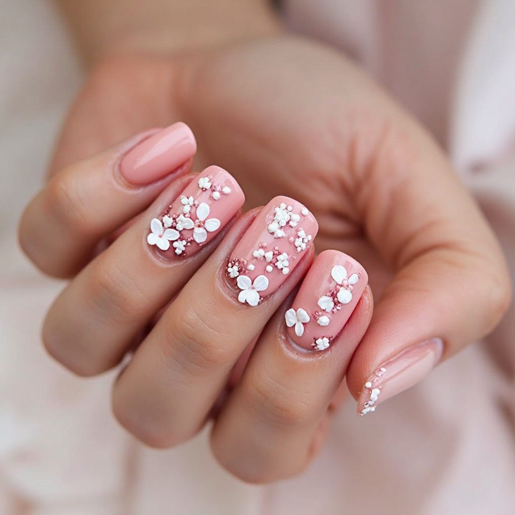 Soft Pink with 3D Floral Appliqués
