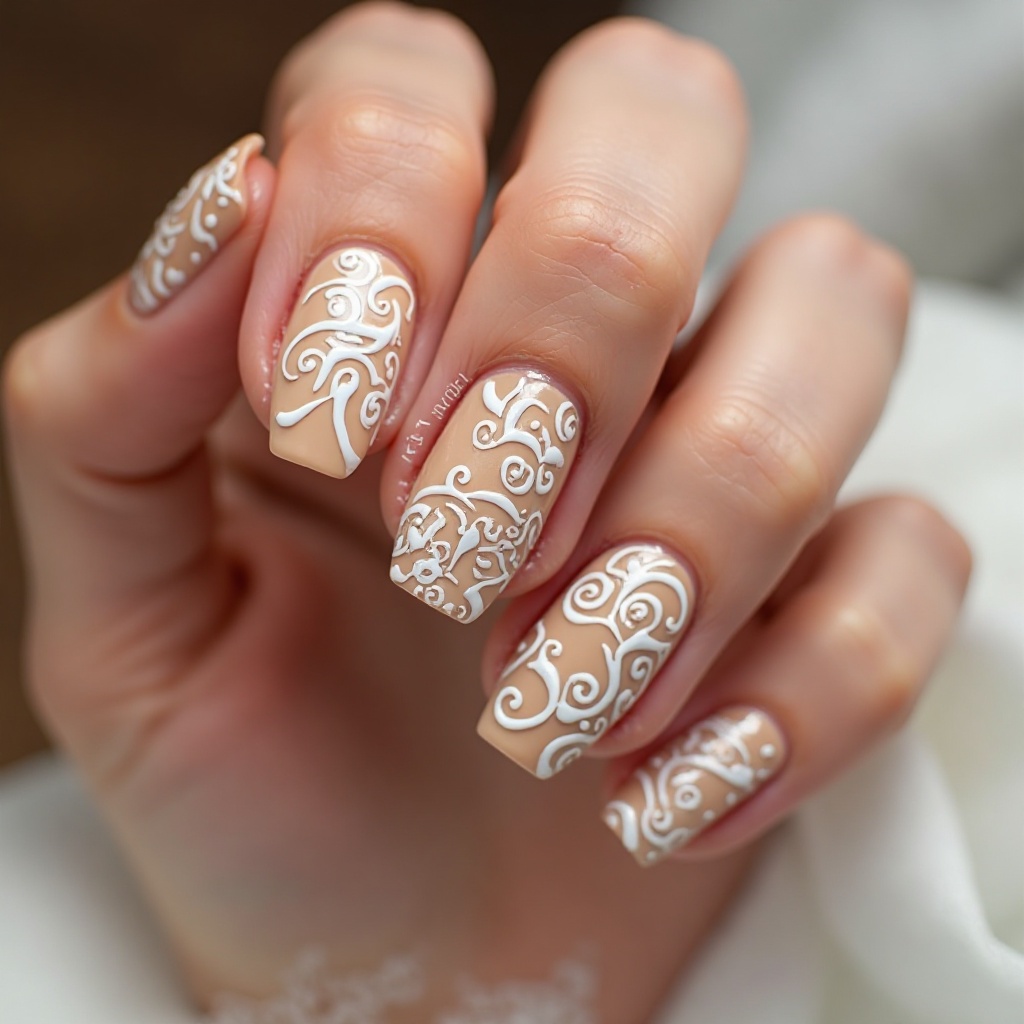 Vanilla Latte Nude with White Swirl Art
