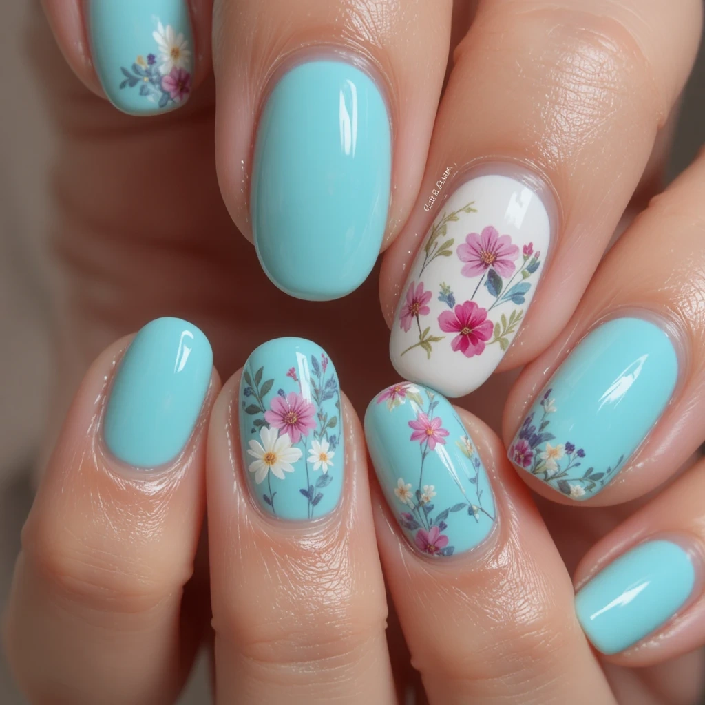 Almond Nails with Floral Decals