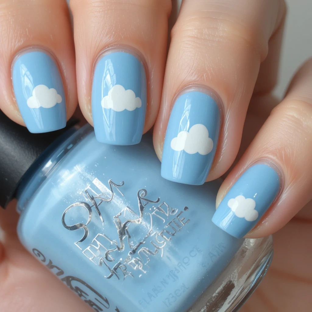 Baby Blue with White Cloud Nail Art