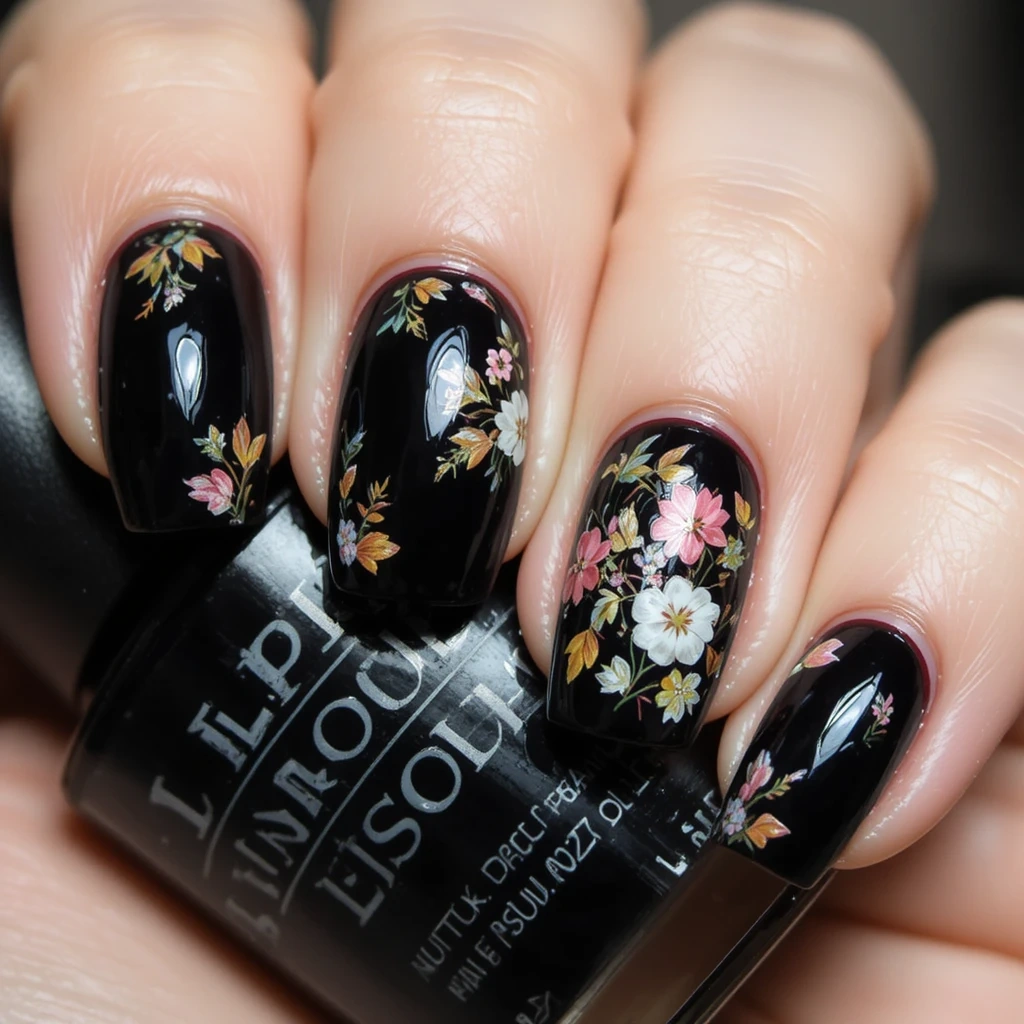 Black with Floral Nail Art