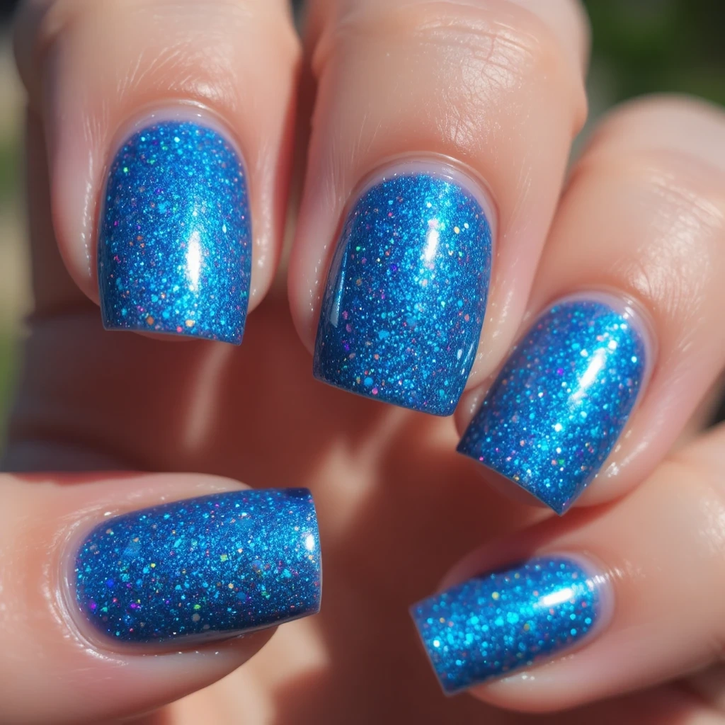 Blue Holographic Glitter Nails