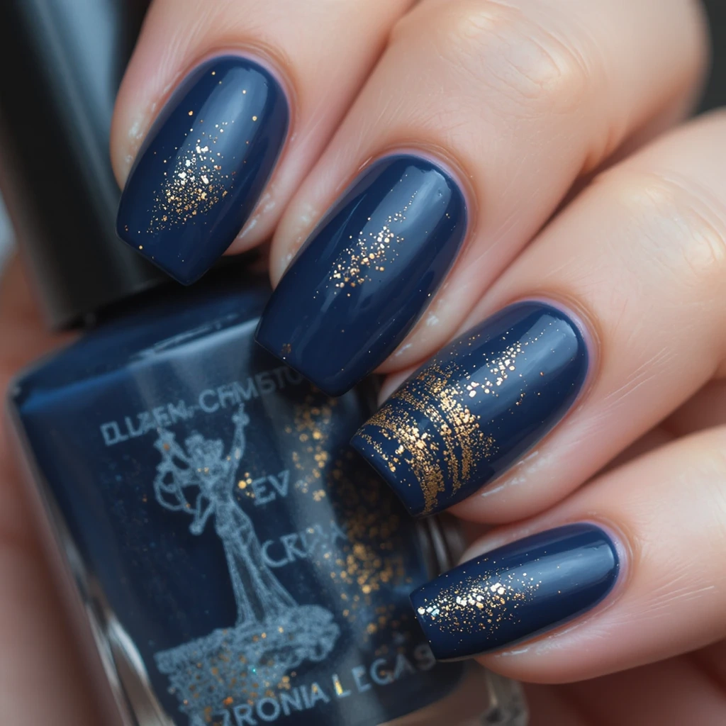Navy Blue Nails with Gold Accents
