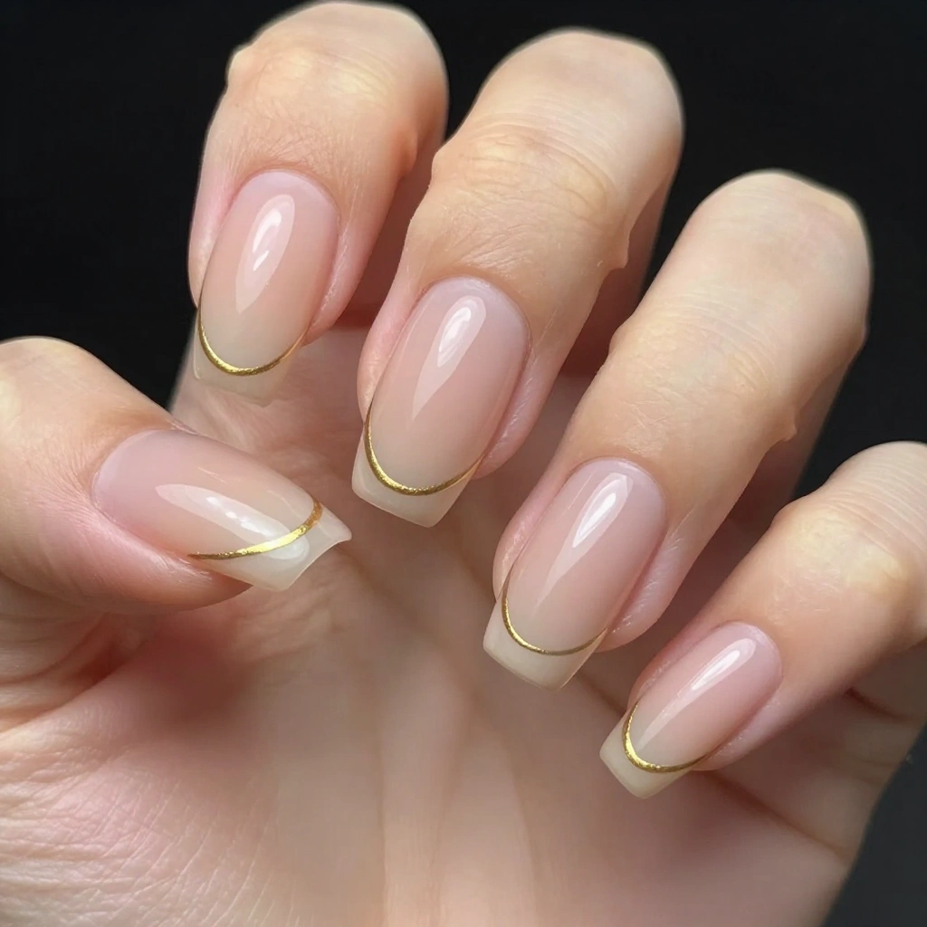 Nude Almond Nails with Thin Gold Lines