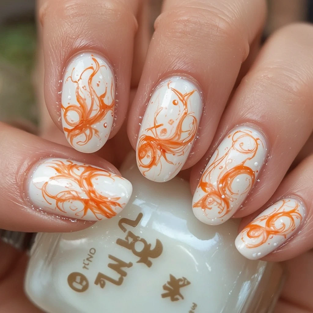 Orange and White Swirl Nail Art