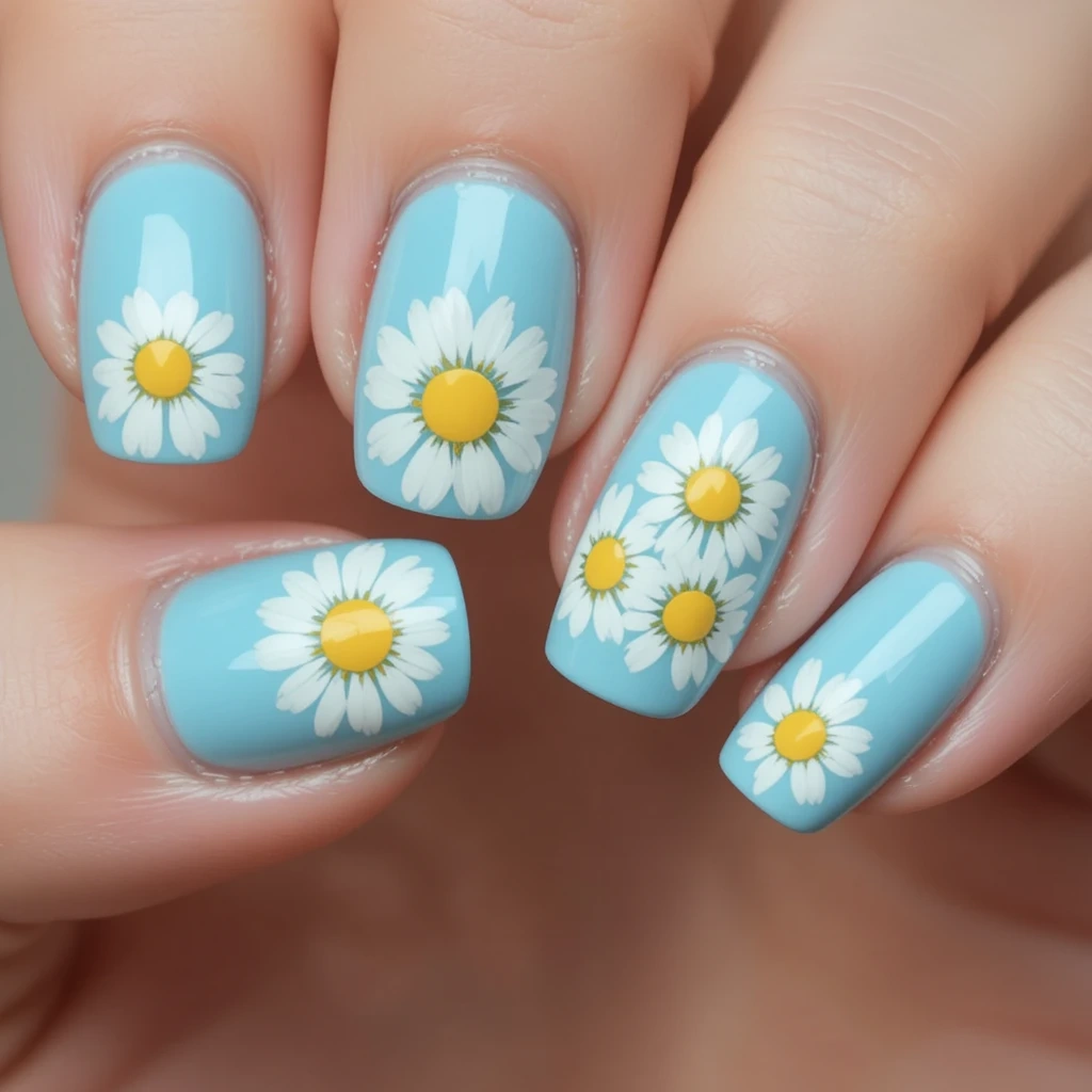 Retro Daisy Nails on Pastel Blue