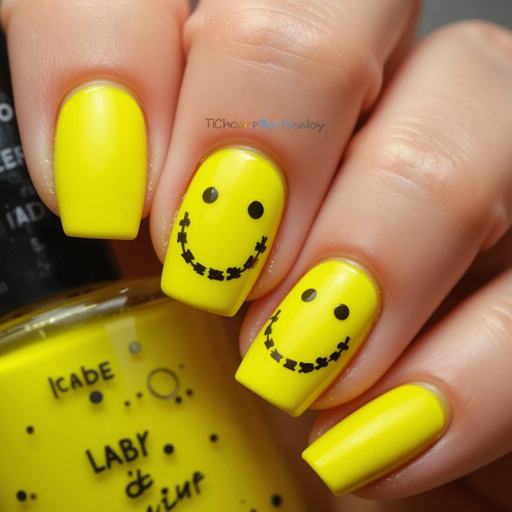 Smiley Face Accent Nails on Bright Yellow