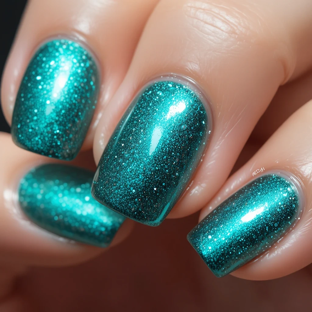 Teal Chrome Powder Nails