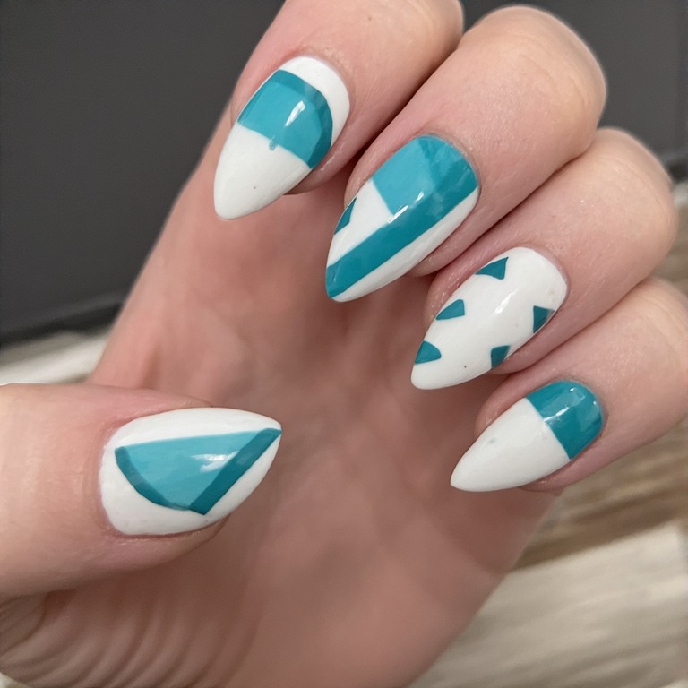 Teal and White Geometric Nail Art