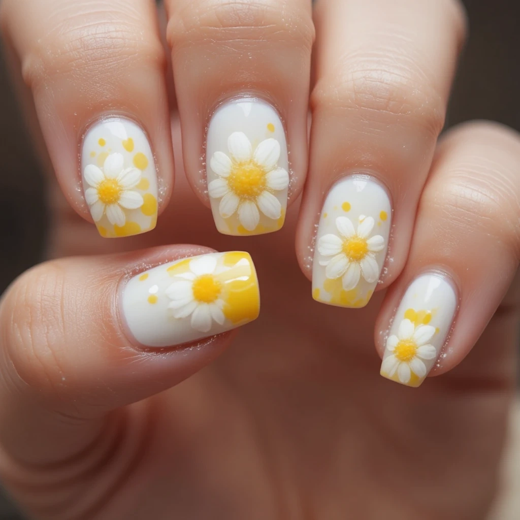 Yellow and White Daisy Nail Art