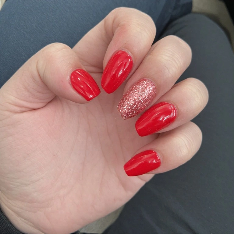 Glossy Red with One Glitter Accent