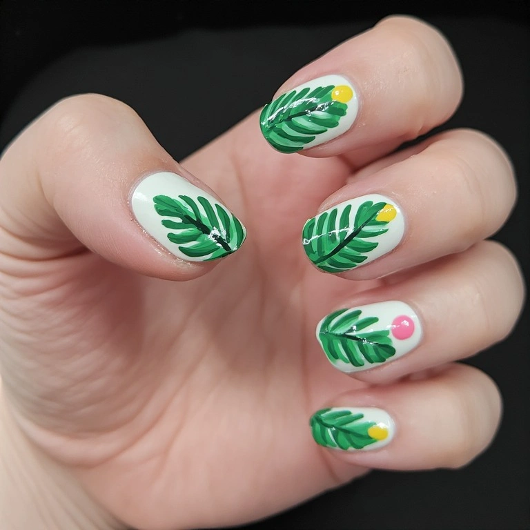 White Base with Hand-Painted Tropical Leaves
