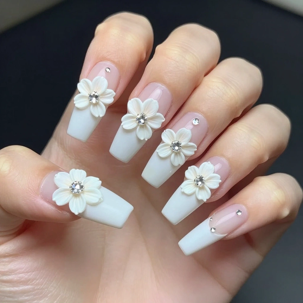 3D White Floral Bridal Nails with Crystal Centers