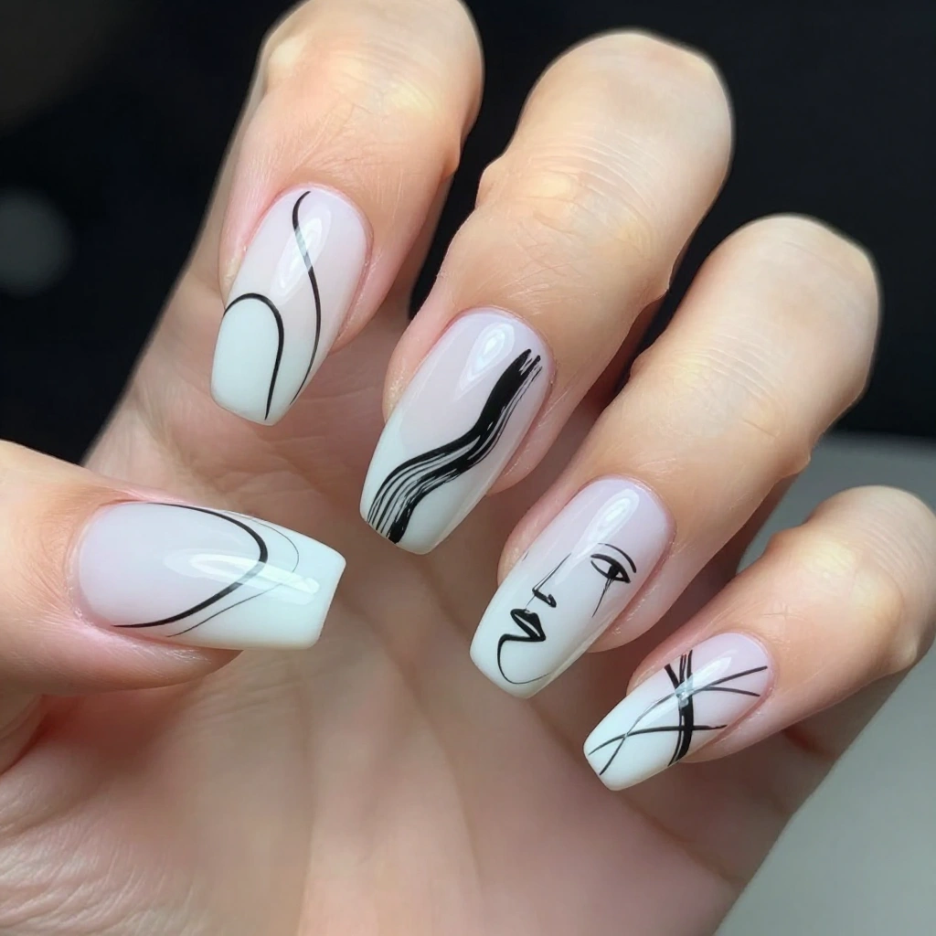 Abstract Black and White Line Art Nail Design