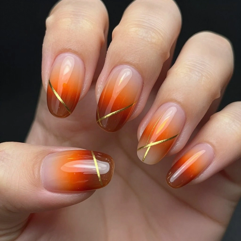 August Sunset Almond Nails with Thin Gold Lines