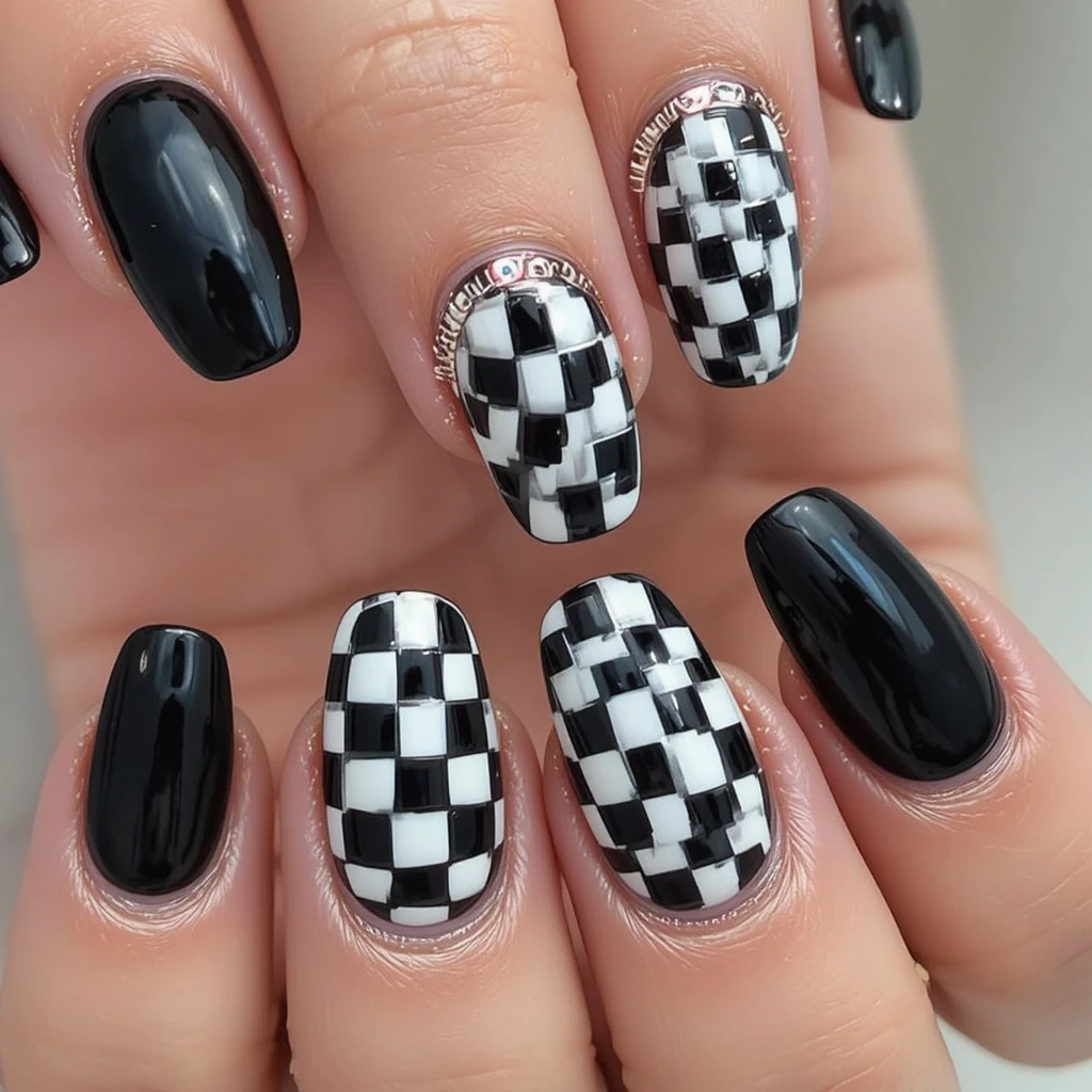 Black & White Checkered Flag Nails