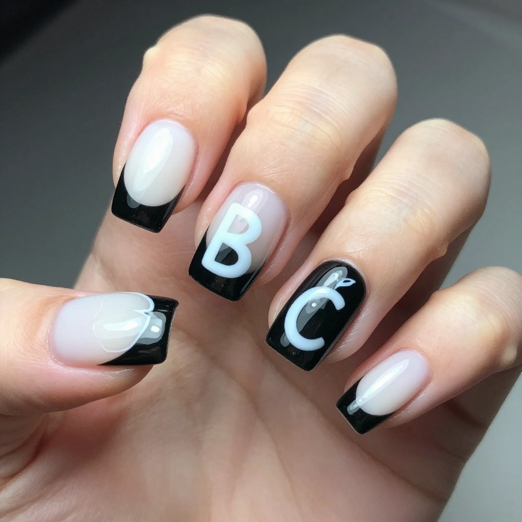 Black and White French Tip Nails with ABC Detail
