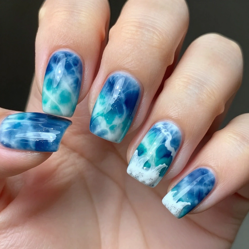 Blue Ocean Tie Dye Nails