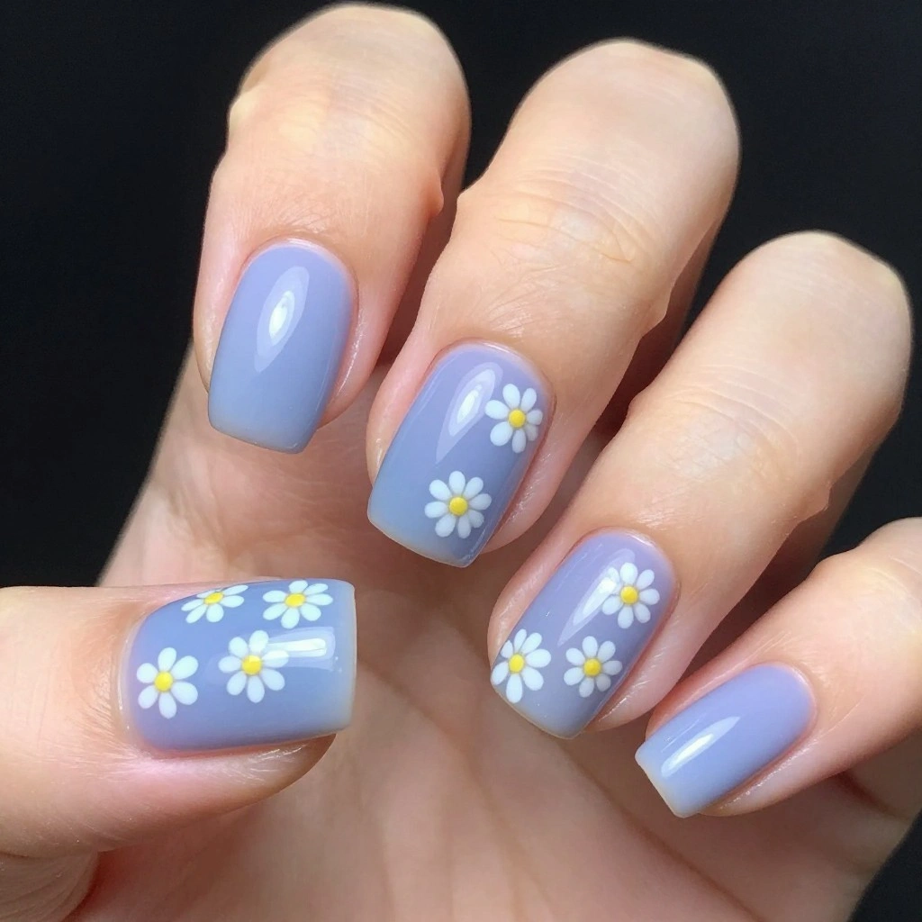 Blueberry Milk Short Nails with White Florals