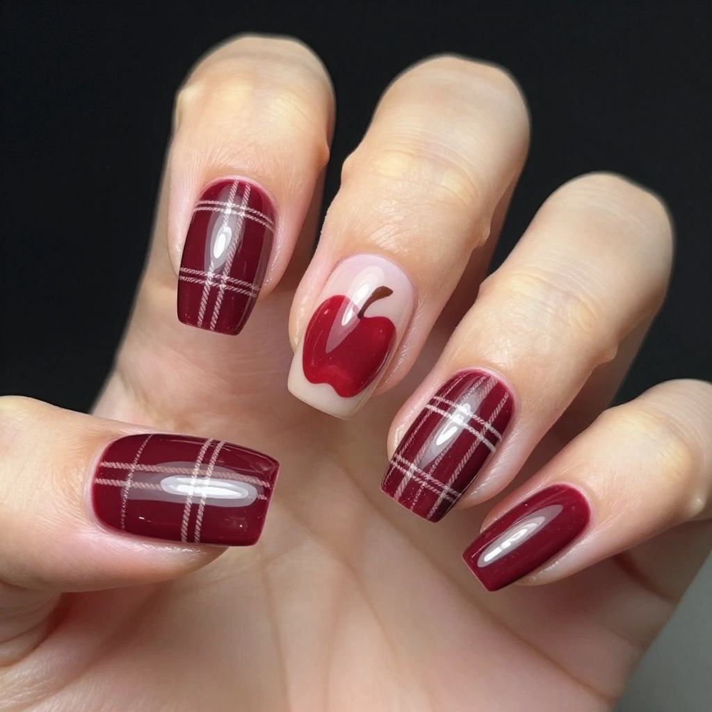 Burgundy Plaid Coffin Acrylic Nails