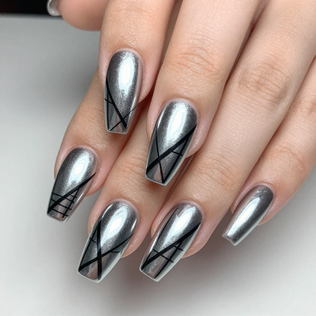 Chrome Silver Coffin Acrylic Nails with Black Geometric Art