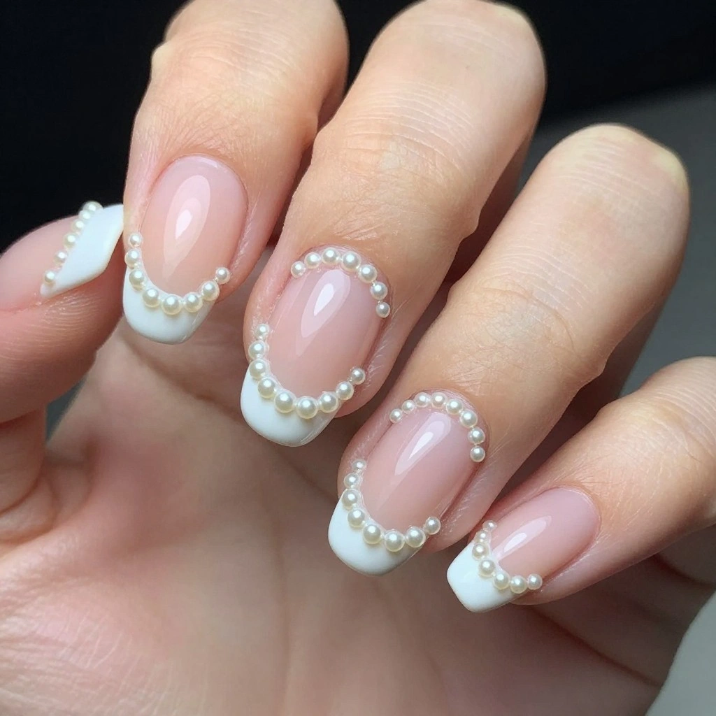 Classic French Tips with Micro Pearl Border Wedding Nails