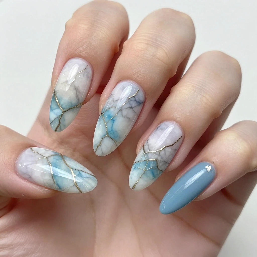 Coastal Blue Marble Nail Design