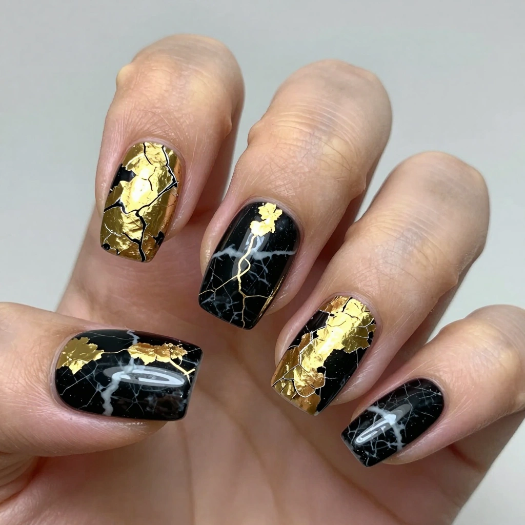 Cracked Gold Over Black Marble
