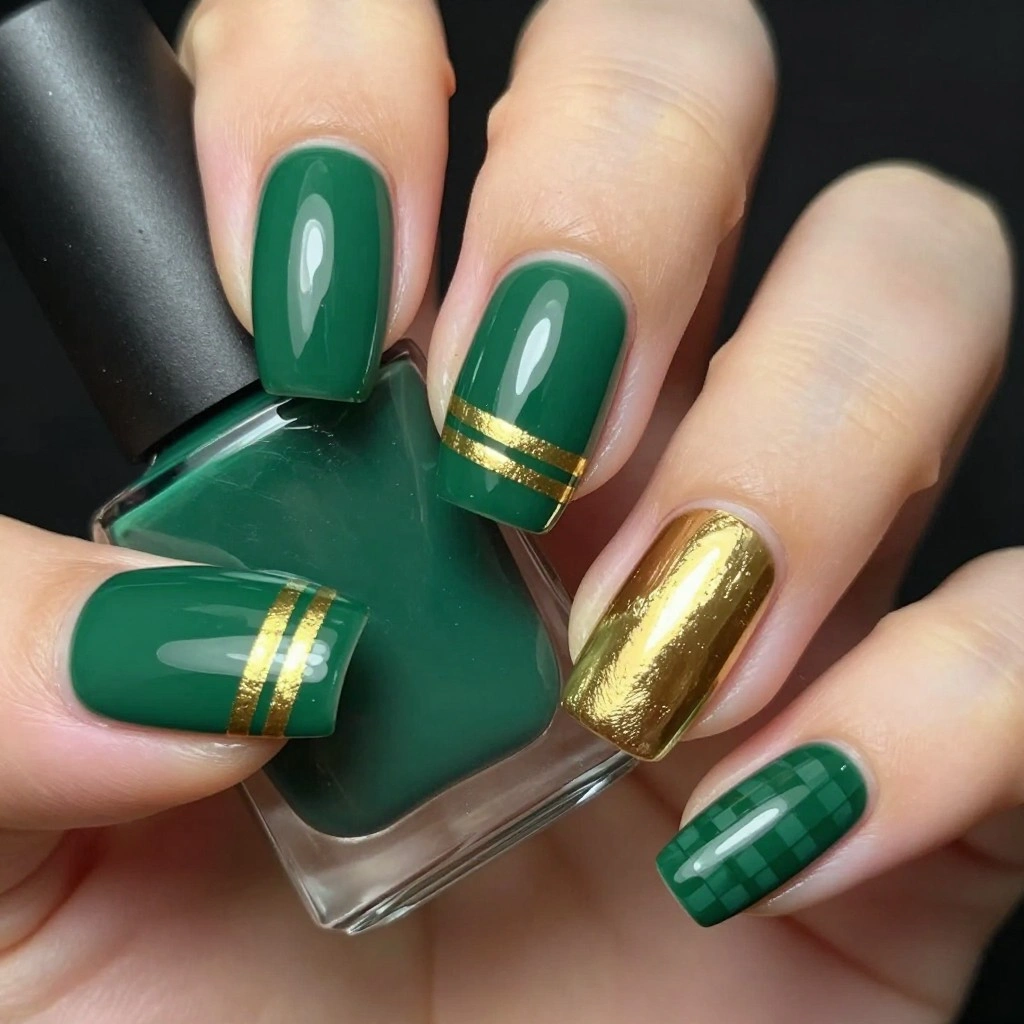 Dark Green Racing Nails with Chrome Accents