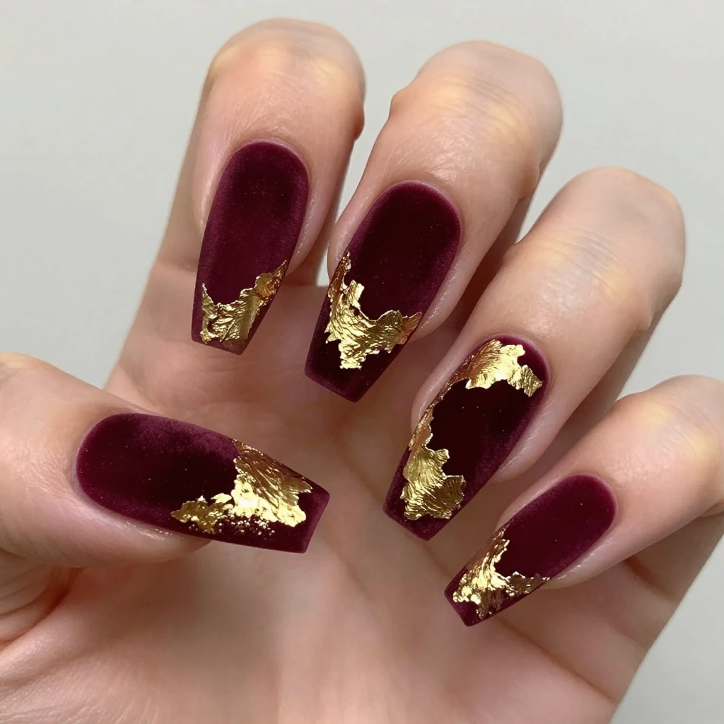 Deep Burgundy Velvet Acrylic Nails with Gold Foil