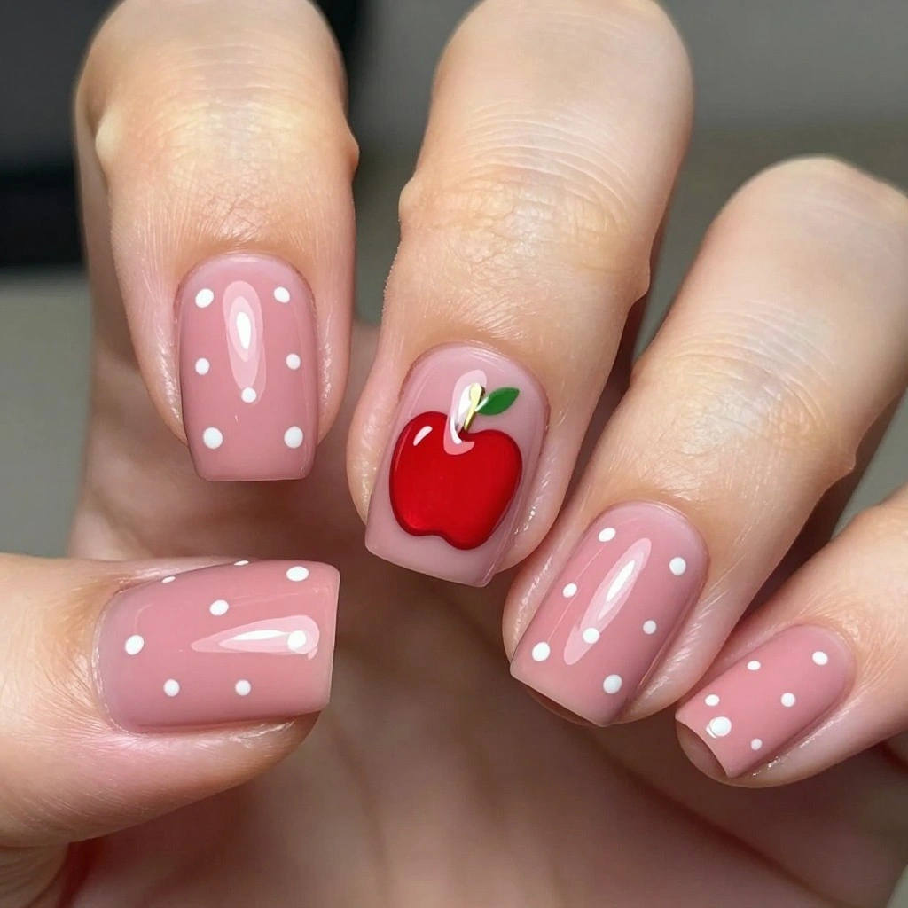 Dusty Pink Apple and Polka Dot Short Nails
