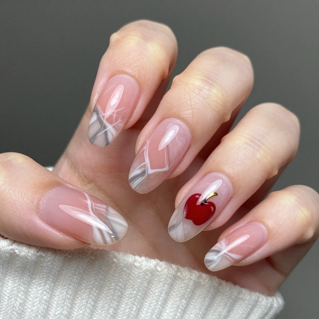 Dusty Rose Marble Almond Nails