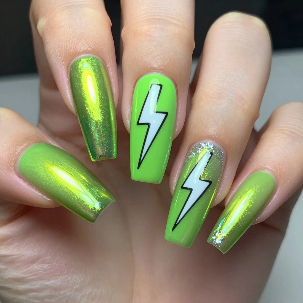 Electric Lime Green Chrome Coffin Nails