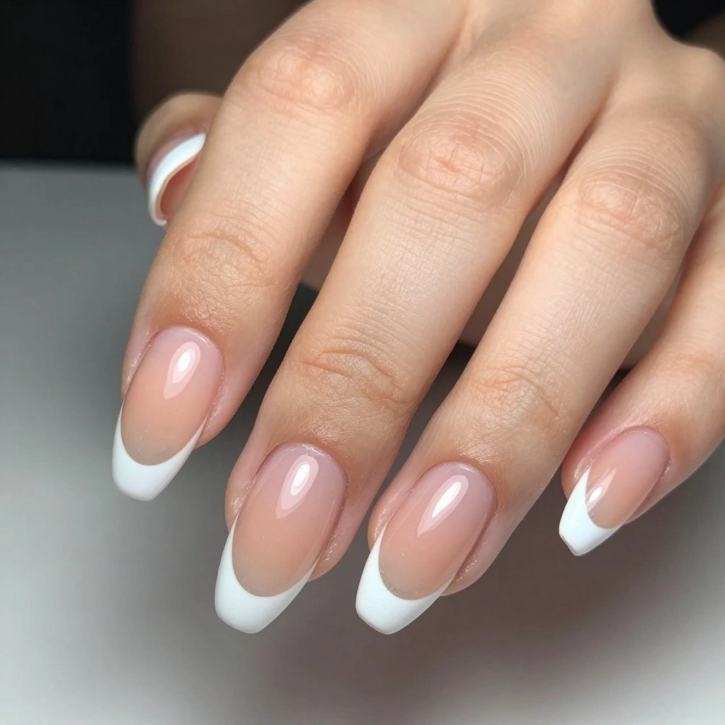 French Tips with Peach Base and White Chrome Tips