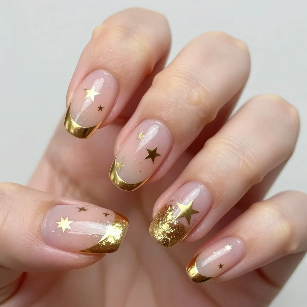 Gold Foil Star French Tip Nail Design