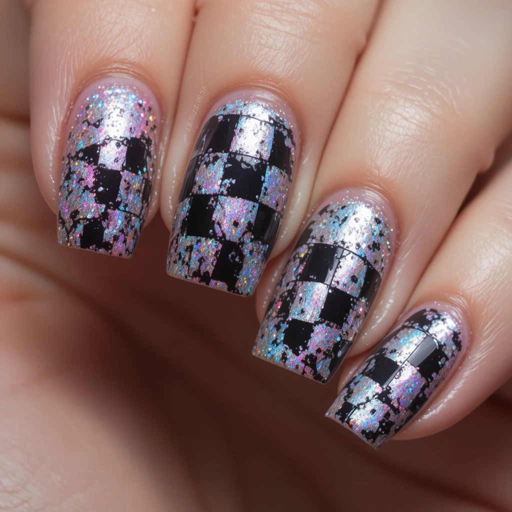 Holographic Checkered Nails