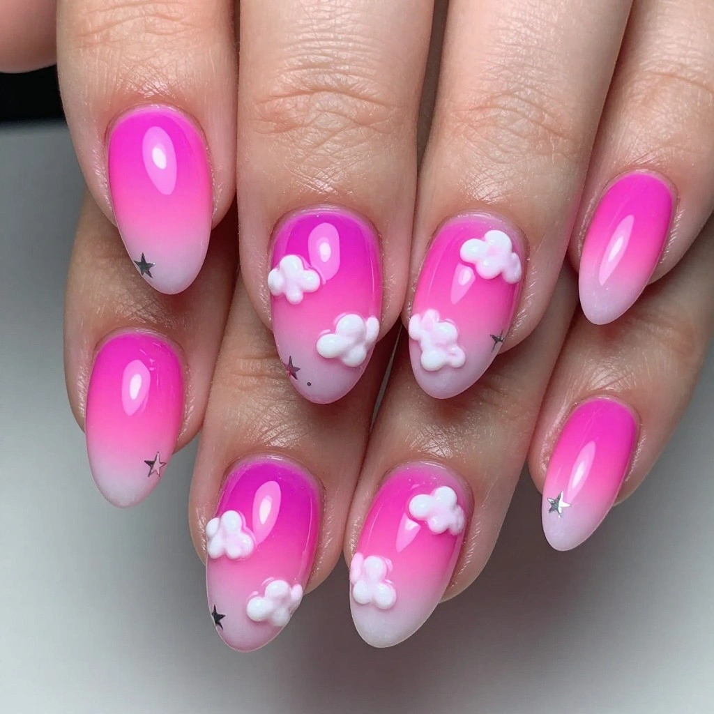 Hot Pink Neon Aura Nails with Cloud Swirls