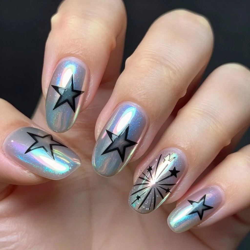Iridescent Chrome Star Nail Design