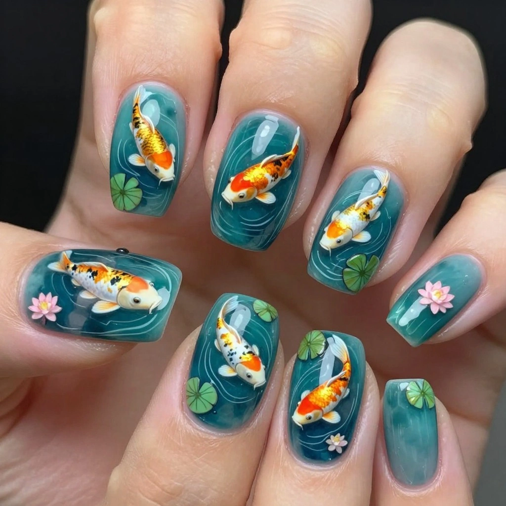 Koi Fish Pond Nail Art