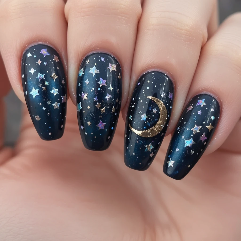 Midnight Galaxy Star Nail Design