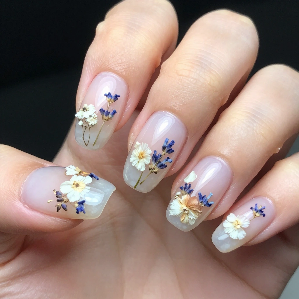 Milky White Jelly Nails with Pressed Dry Flowers