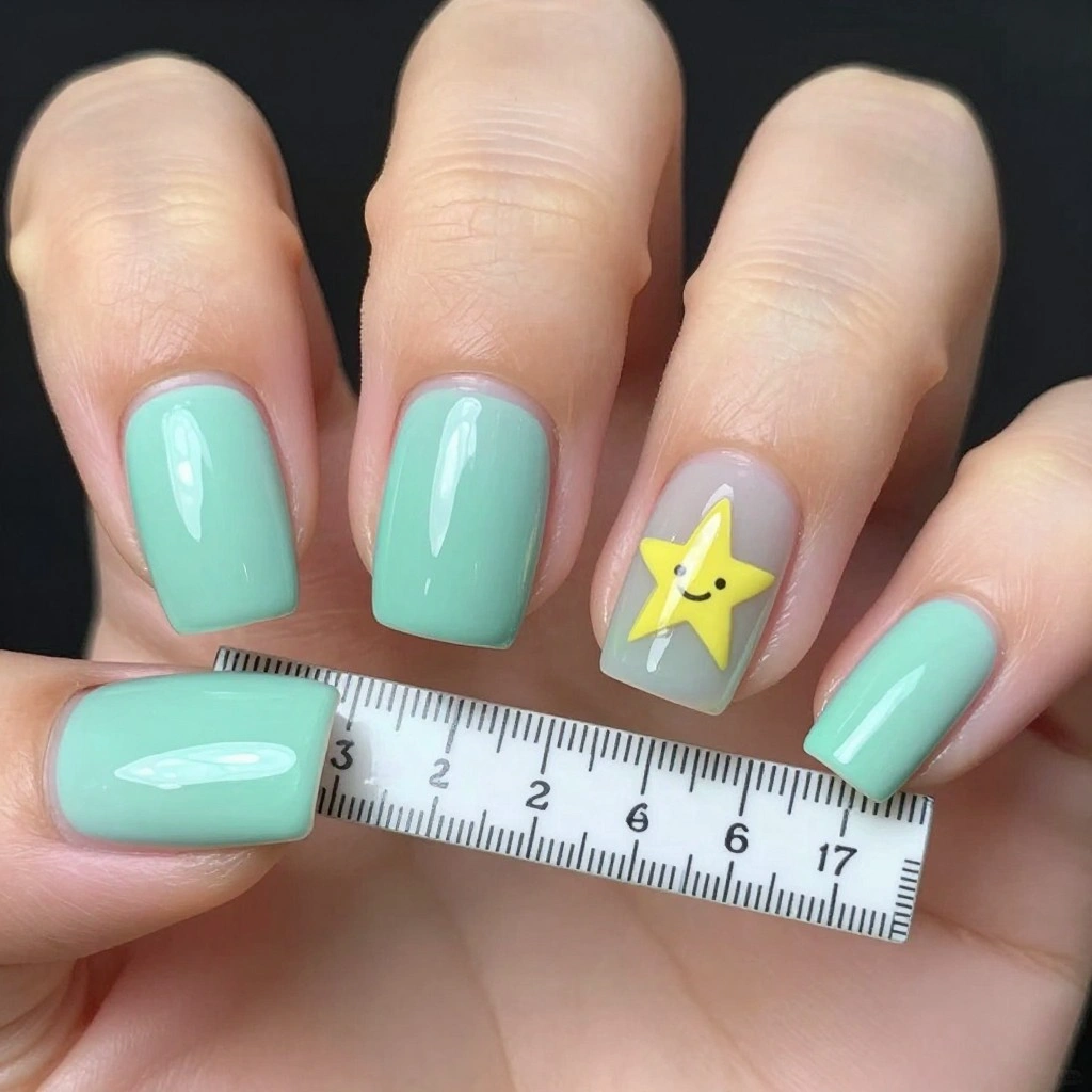 Mint Green Ruler and Star Square Nails