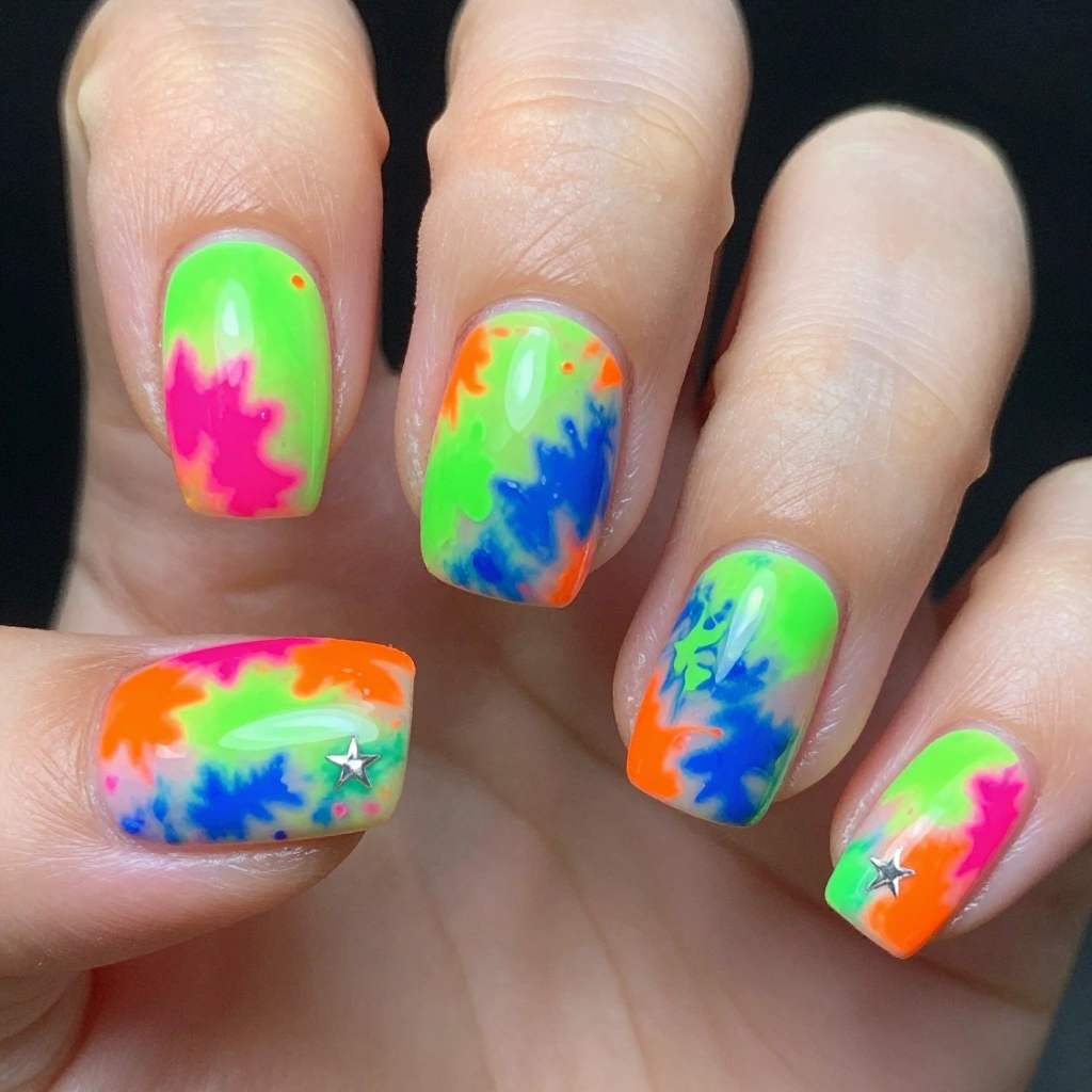 Neon Acid Wash Tie Dye Nails