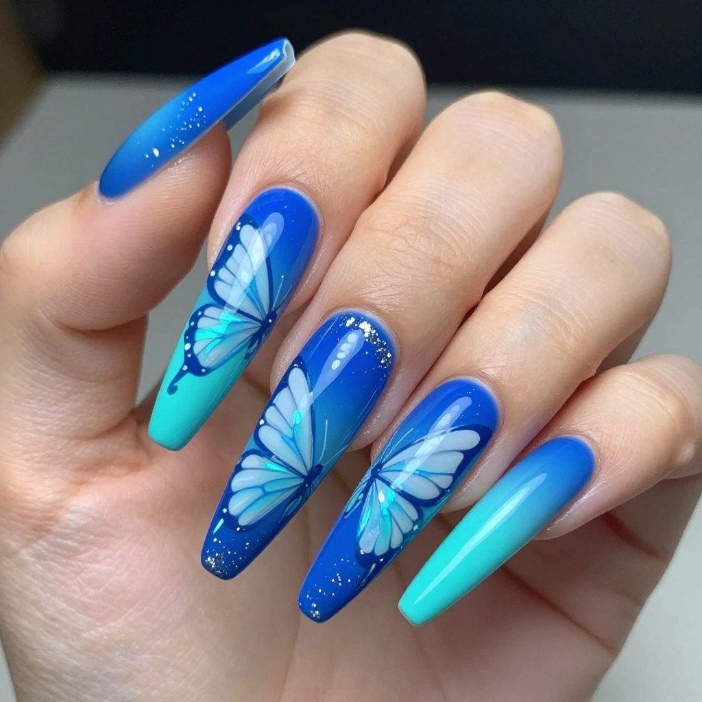 Neon Blue Butterfly Stiletto Nails