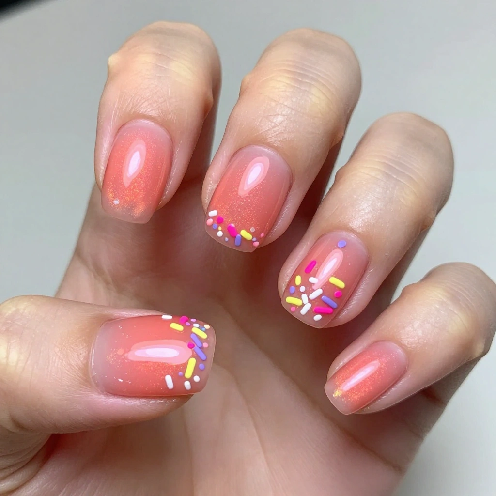 Neon Coral Glazed Donut Nails with Sprinkle Art
