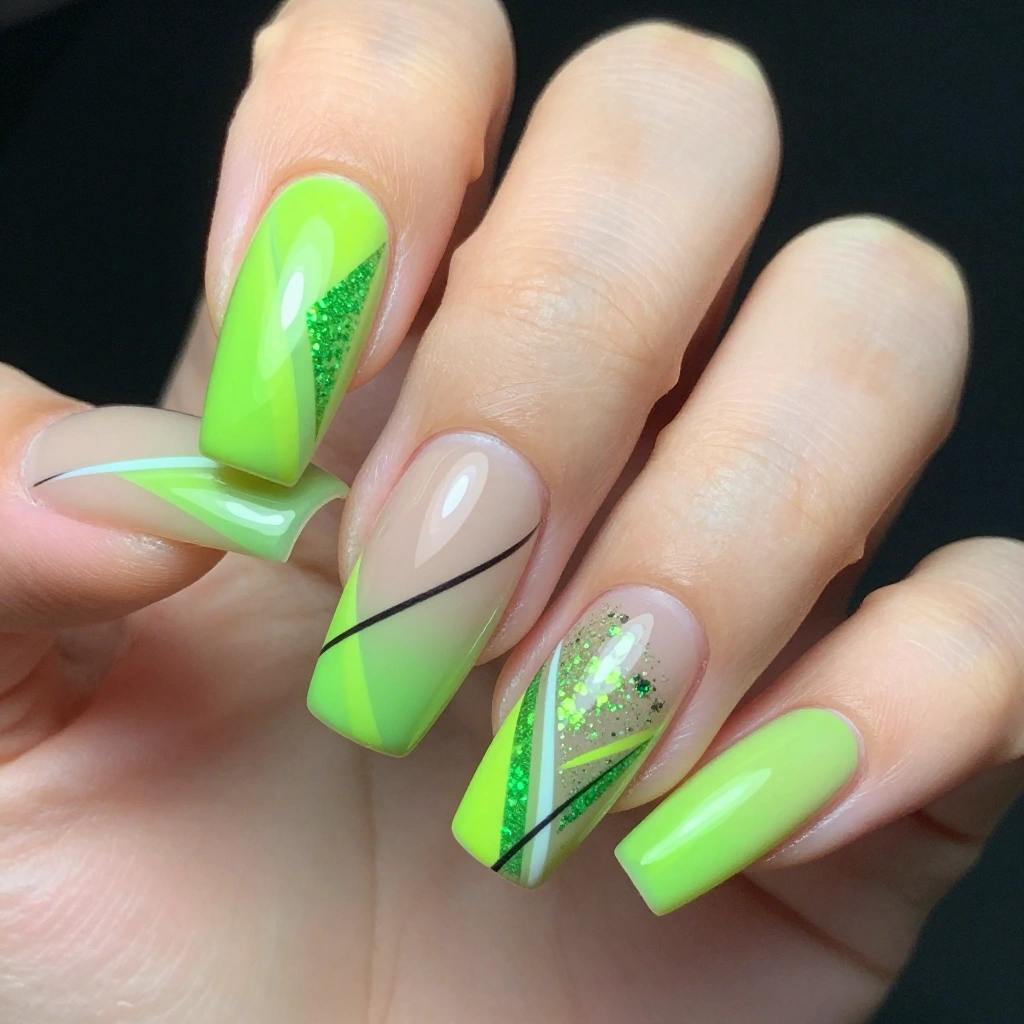 Neon Green Negative Space Geometric Almond Nails
