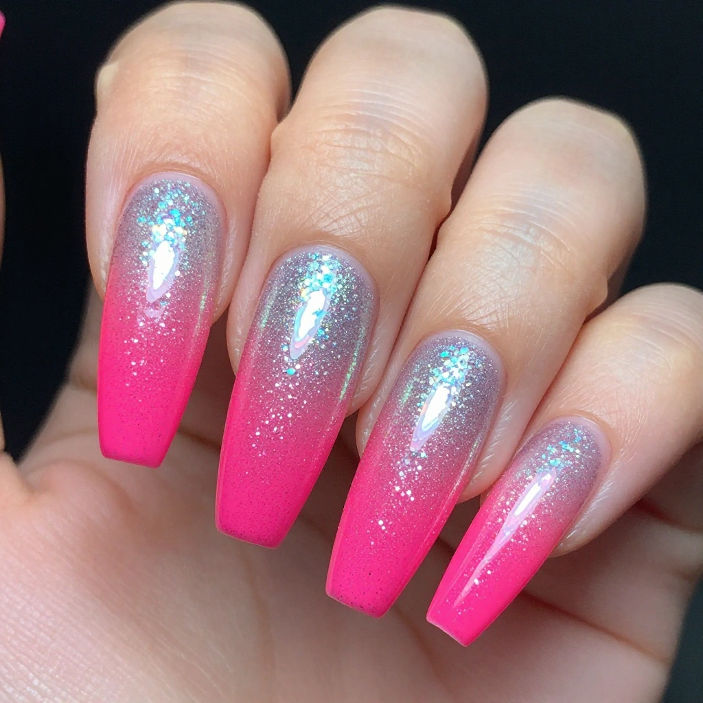 Neon Holographic Glitter Ombre Coffin Nails